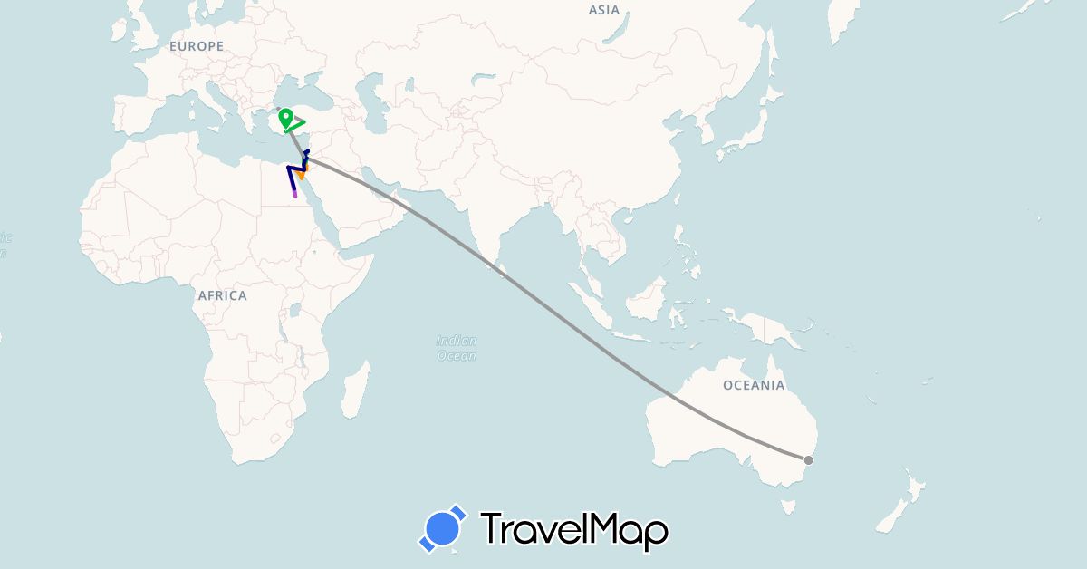 TravelMap itinerary: driving, bus, plane, train, hitchhiking in Australia, Egypt, Israel, Jordan, Palestinian Territories, Turkey (Africa, Asia, Oceania)